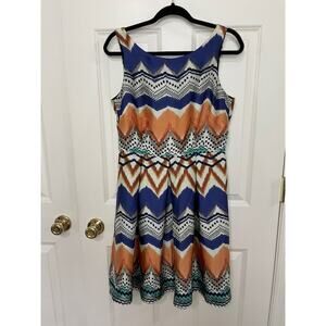 Isabel & Nina Chevron A-Line Dress | Blue Orange White | Date Night | Size 8